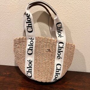Chloe Natural Woven Straw Tote with Branded White Straps.